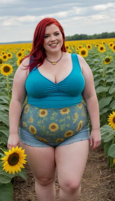 samantha38g ssbbw bbwbig with bright red hair stands barefoot in a field of sunflowers. She smiles and looks straight into the camera. She is wearing a necklace with a turquoise stone. Around her are many bright yellow sunflowers that create a picturesque background. The sky in the background is cloudy.
