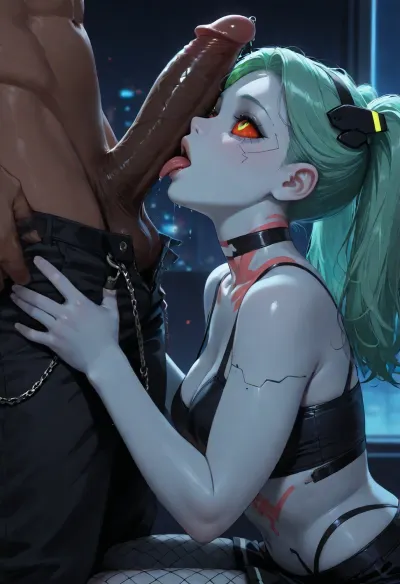 Close up shot, from side, (Ultra realistic:1.5), (rebecca from cyberpunk:1.3), (blue skin), 18yo, (slutty:1.3), (messy hair, pigtails), fit, small body, tiny, medium small breasts, round breasts, black choker, black fishnet pants, black school skirt, (black cropped top), black straps, chains, (goth), black eyeshadow, black mascara, (surprised face, looking up), (tongue out, licking), (sexy:1.5), on knees, (takes off mens pants, her hands on pants:1.3), (muscular man, huge black penis, interracial), (dark cyberpunk bedroom, night time), 4ng3l, face, green, eyes, blue, brown, perfecteyes, <lora:SDXL_BetterFaces-LoRA_v1:1.3>, <lora:add-detail-xl:1.3>, <lora:PerfectEyesXL:1.3>