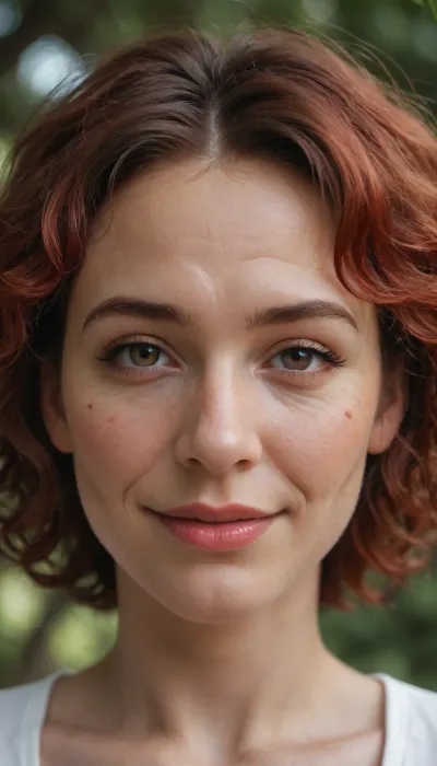 UHD 8K, (Portrait of a stunning 40 years old milf), (soft eye wrinkles), (perfect face), (perfect beauty), (decent makeup), (long red curls), (brown eyes), (extreme detailed face), (soft red cheeks), (standing before a big tree), (layed her hands around the tree), (tenderly smile), .