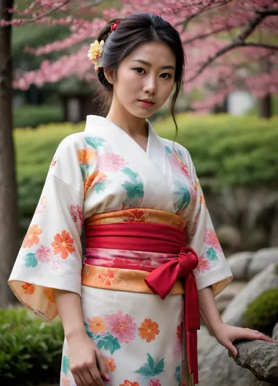 One native Women of Japan, traditional cloth, kimono. Colorful detailed clothes flashing tits. and Japanesegarden in Background. flashing, medium saggy tits, torpedo, large areolas, hairy pussy