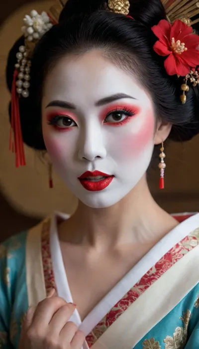 A happy geisha with full make up looking suggestively at me, (licking her lips:1)