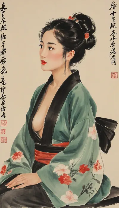 Edo-period, Shunga style image, Japanese woman, (jet black hair), portrayed with the artistic essence of Qi Baishi's renowned brushwork, wearing a kimono, ((her kimono is open slightly exposing one breast)), ((one breast exposed)), Using minimal strokes, Qi Baishi's signature style brings out her character, emphasizing its curiosity and independence. She might be depicted in a simple yet evocative setting, surrounded by delicate depictions of flora or objects that offer a glimpse into its world.The overall scene carries a sense of whimsy and an appreciation for the beauty in everyday life, (ultra, HD, quality, details), (green, eyes), style, of, Qi, Baishi, baishi, <lora:tbh170-sdxl:2>, <lora:baishi_xl_0_-000004:2>
