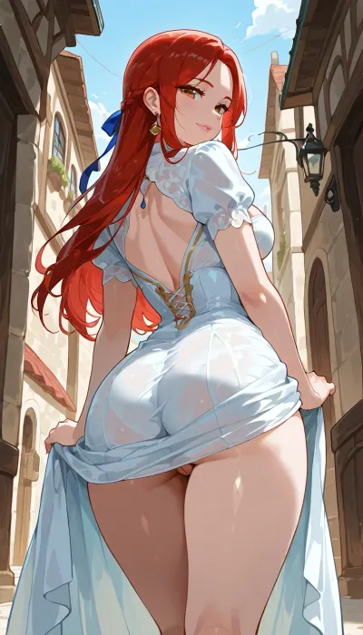 woman, red hair, wavey long hair, medium chest, pawg, dressed 16th century clothing, dress, bustea


Walking down the street in the 16th century village, you can see down the street


She is lifting her dress to show her pussy, she is flashing passersby she is smiling as she does this, dress up by her chest back arched