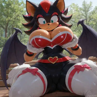 (Shadbase:1.8), Genderbent Shadow the Hedgehog, 1girl, black fur, tan skin, (Anthro furry), (furry art), (Shadow the hedgehog), busty proportions, wide hips, wearing, (Rouge the Bat’s classic outfit:1.5), black strapless jumpsuit with heart-shaped chest window, pink heart buckle belt, white gloves, white thigh-high boots with pink hearts, large white bat-like wings, pink heart earrings, white fur accents, (ultra, HD, quality, details), sitting on flat park bench, looking down, surprised face, blushing, lifting breasts with hands, struggling, enormous hyper inflated boobs, closeup view, sunny day, bright lighting, unfocused background, detailxl, <lora:add-detail-xl:.8>