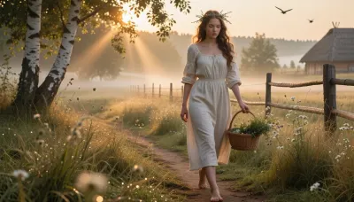 Beautiful young Slavic peasant woman in her early 20s walking barefoot along a narrow dirt path through misty hay fields at golden hour dawn, simple elegant cream linen dress with modest square neckline and rolled sleeves, slightly damp from morning dew clinging to the fabric, long wavy chestnut hair with wildflowers and herbs woven in, warm golden sunlight filtering through birch and oak leaves, soft volumetric god rays, light fog rolling over wildflower meadows, birds taking flight, dewdrops sparkling on grass and her skin, peaceful serene expression, face illuminated by warm light, eyes full of calm and quiet harmony with nature, carrying a small wicker basket filled with freshly gathered herbs, wooden fence and distant thatched cottages in soft background, idyllic pastoral atmosphere, cinematic lighting, painterly photorealistic, ultra detailed skin texture and linen fabric, masterpiece, best quality, 8k, intricate details, sharp focus, film grain