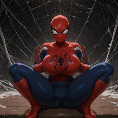 (Genderbent Spider-Man:1.6), full red and blue tight spandex spider-suit with black web pattern, white spider emblem on chest and back, large expressive eyes on mask, form-fitting full body coverage, athletic feminine figure, hourglass silhouette, detailed fabric texture, high collar, gloves, boots, (ultra, HD, quality, details), sitting on flat park bench, looking down, surprised face, blushing, lifting breasts with hands, struggling, enormous hyper inflated boobs, closeup view, sunny day, bright lighting, unfocused background, detailxl, <lora:add-detail-xl:.8>