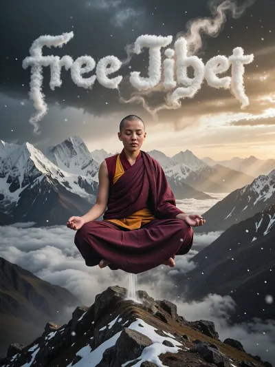 Ultra photorealistic cinematic spiritual portrait, breathtaking Himalayan scale, premium full-frame quality, 50mm lens, f/2.8, extremely high micro detail, deep rich blacks, luminous highlights, strong natural contrast, dense tonal separation, crisp atmospheric depth. An exceptionally beautiful adult Tibetan Buddhist nun, twenty-eight years old, meditating alone on the narrow summit of a remote Himalayan peak, shaved head, serene face, eyes gently closed, wearing traditional deep maroon and saffron robes. heavy layered fabric rippling in the freezing wind, seated in perfect lotus position, hands resting in a calm meditation mudra. Her entire body levitates clearly about half a meter above the rocky, snow-dusted summit, a clean gap of air and drifting mist separating her from the ground, absolute stillness in her posture. Surrounding her are colossal snow-covered Himalayan peaks, endless cloud layers, rolling fog, and shafts of golden sunlight breaking through dramatic storm clouds, creating a sense of altitude, silence, isolation, and spiritual intensity. Far above her, clouds and pale smoke. gradually converge into enormous, clearly legible letters spelling free Tibet. Each character formed naturally from dense white cloud and translucent mountain mist, not graphic typography, subtly backlit by sunlight. Immense cinematic depth, realistic high-altitude haze, airborne snow particles, no artificial CGI look. spiritual intensity, monumental nature, profound meditative stillness, visually unforgettable.