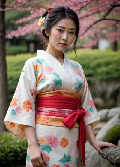 One native Women of Japan, traditional cloth, kimono. Colorful detailed clothes flashing tits. and Japanesegarden in Background. flashing, medium saggy tits, torpedo, large areolas, hairy pussy