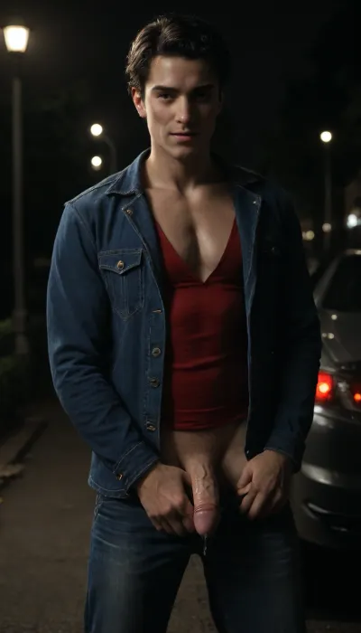 a men with Fully little erect cock. little sexy upward-curved cock, smile, orgasm, scream pleasure, One man with sexy blue denim jacket with very long sleeve with ripped tank red shirt with large male medalion neck. Solo, night-time, dark, streetlights, close-up.25 years old muscular man, tall man, short black hair, short hair, straight hair, front view, standing next to car in car park at night, cock sticking out from his jeans, veiny cock, little curved cock, oiled empty chest, glistening cock, masturbating, CUMSHOT HUGE JET SPERM from cock, HUGE EJACULATION MILKY SPLASH SPERM, nightime, moonlight, standing for viewer, looking directly at me, eye-contact, looking, at, viewer, <lora:looking_at_viewer:.8>, <lora:dark:.8>