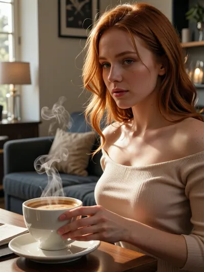 Premium coffee advertising shoot, photorealistic, stylish redhead woman in her late twenties, cozy refined café or modern apartment, warm morning light, holding or reaching for a steaming cup of coffee, coffee cup as hero product, relaxed elegant clothing, calm thoughtful expression, visible steam, soft golden sunlight, intimate lifestyle commercial aesthetic, realistic hands, clean composition, high detail