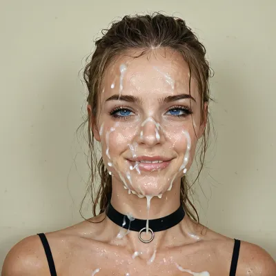 sexy face, exhausted, after blowjob, cum on face, perfect tits, drenched, cleavage, covered in cum, choker, cum around lips, blue eyes, exhausted cum everywhere, exited, smirk