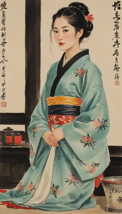 Edo-period, Shunga style image, Japanese woman, (jet black hair), portrayed with the artistic essence of Qi Baishi's renowned brushwork, wearing a kimono, ((her kimono is open slightly exposing one breast)), ((one breast exposed)), Using minimal strokes, Qi Baishi's signature style brings out her character, emphasizing its curiosity and independence. She might be depicted in a simple yet evocative setting, surrounded by delicate depictions of flora or objects that offer a glimpse into its world.The overall scene carries a sense of whimsy and an appreciation for the beauty in everyday life, (ultra, HD, quality, details), (green, eyes), style, of, Qi, Baishi, baishi, <lora:tbh170-sdxl:2>, <lora:baishi_xl_0_-000004:2>