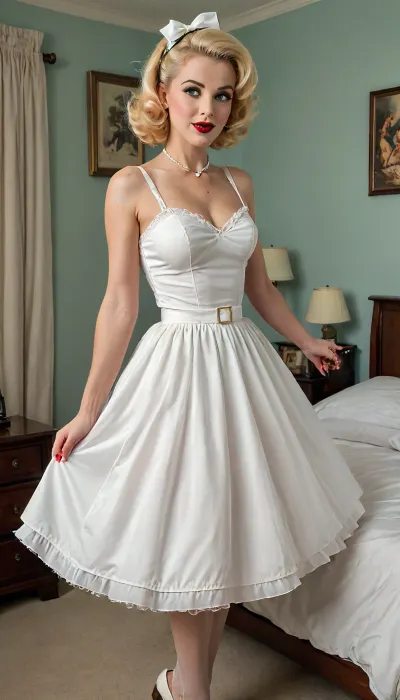 (((1950 pinup style white dress))), classic mature woman, dancing posed, smal skinny face, skinny body, hollywood filmstar, betty draper style look, 55 years old mature, in bedroom, 1950’s lingerie, (blonde hair), white stockings, white stockings belt, white retro silk lingerie, Americana, pinup, vintage, retro, 1950's, perfect photography, realistic photo, perfect green eyes, perfect eyes, high contrast, 4ng3l, face, artxldnc, ImgFixerPre0.3, <lora:SweetLolitaXLv4.23:1.7>, <lora:SDXL_BetterFaces-LoRA_v1:1.7>, <lora:artfullyXLDANCE_SDXL_V:1.2>