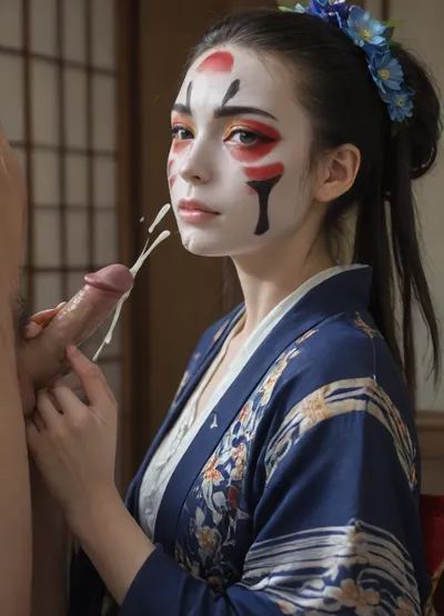 (Futaba Sakura from Persona), erotic Scene, (dynamic angle from side), (extremely detailed Background, extremely detailed face, extremely detailed kimono, high quality image), (Geisha girl with white face painted oshiroi style:1.8), (A traditional indigo-dyed kimono with hand-painted cobalt blue iris and bellflower motifs), (traditional Japanese garden and koi pond in background), ((1man, 1woman)), (closed mouth), (looking at viewer), ((woman in front of man)), ((side view)), ((handjob, 1man with, (small cock:1.6))), (ejaculation, cum on clothing:1.6), white cum, thick cum