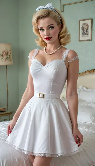 (((1950 pinup style white dress))), classic mature woman, posed, smal skinny face, skinny body, hollywood filmstar, betty draper style look, 55 years old mature, in bedroom, 1950’s lingerie, (blonde hair), white stockings, white stockings belt, white retro silk lingerie, Americana, pinup, vintage, retro, 1950's, perfect photography, realistic photo, perfect green eyes, perfect eyes, high contrast, 4ng3l, face, <lora:SweetLolitaXLv4.23:1.7>, <lora:SDXL_BetterFaces-LoRA_v1:1.3>, <lora:Dance_Art:.8>