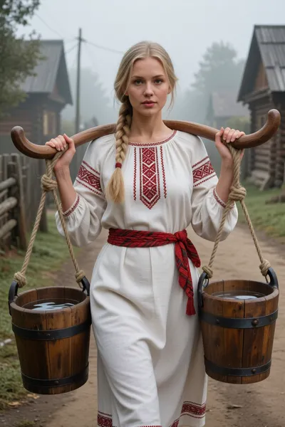 A masterpiece, top-notch quality, ultra-high detail, realistic photo.
Cinematic composition, A young Slavic woman with a long, light-colored braid walks along a dirt road in a traditional Russian village on an early, foggy morning.
She carries water on her shoulders using an antique wooden yoke. Suspended from the ends of the yoke by thick hemp ropes are two securely fastened antique wooden buckets filled with clean water. The buckets are skillfully crafted from pine staves and bound with dark iron hoops, featuring forged iron loops for attaching the rope, showcasing the authentic texture of antiquity. The woman holds the yoke confidently and naturally with both hands. She wears a traditional loose-fitting white linen dress with intricate red Slavic embroidery, (geometric patterns), on the sleeves and chest, her waist is cinched with a red woven fabric belt. Setting, Morning fog blurs the outlines of the log cabins in the background. The gray light of a foggy morning before sunrise, the realistic matte texture of the skin, and an authentic historical scene.