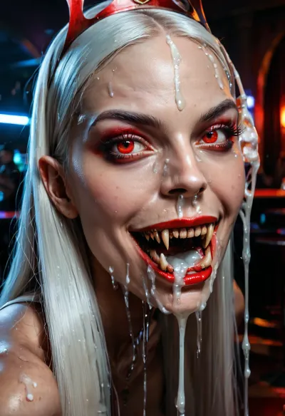 hyper detailed hyper realistic natural petite cutie, 18 years old beautiful vampire queen, (very slim), (dripping cum:1.8), nightclub, very detailed face, pale woman with white hair, Vampire Queen sucks penis, close up, red eyes, (((very long vampiric fangs))), luxurious tiara in the style of dark fantasy, symmetrical epic fantasy art, dark fantasy, purple lights, neon, colorful, high detail, impeccable image quality, ultrarealism, cockbiting, bitingshaft, vampirebiting, 1girl, penis, hetero, 1boy, fellatio, oral, solo, focus, pov, fangs