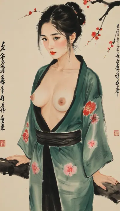 Edo-period, Shunga style image, Japanese woman, (jet black hair), portrayed with the artistic essence of Qi Baishi's renowned brushwork, wearing a kimono, ((her kimono is open slightly exposing one breast)), ((one breast exposed)), Using minimal strokes, Qi Baishi's signature style brings out her character, emphasizing its curiosity and independence. She might be depicted in a simple yet evocative setting, surrounded by delicate depictions of flora or objects that offer a glimpse into its world.The overall scene carries a sense of whimsy and an appreciation for the beauty in everyday life, (ultra, HD, quality, details), (green, eyes), style, of, Qi, Baishi, baishi, <lora:tbh170-sdxl:2>, <lora:baishi_xl_0_-000004:2>