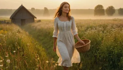 Beautiful young Slavic peasant woman in her early 20s walking barefoot along a narrow dirt path through misty hay fields at golden hour dawn, simple elegant cream linen dress with modest square neckline and rolled sleeves, slightly damp from morning dew clinging to the fabric, long wavy chestnut hair with wildflowers and herbs woven in, warm golden sunlight filtering through birch and oak leaves, soft volumetric god rays, light fog rolling over wildflower meadows, birds taking flight, dewdrops sparkling on grass and her skin, peaceful serene expression, face illuminated by warm light, eyes full of calm and quiet harmony with nature, carrying a small wicker basket filled with freshly gathered herbs, wooden fence and distant thatched cottages in soft background, idyllic pastoral atmosphere, cinematic lighting, painterly photorealistic, ultra detailed skin texture and linen fabric, masterpiece, best quality, 8k, intricate details, sharp focus, film grain, gentle genuine smile, eyes half-closed enjoying the sun, butterflies around her, scent of fresh hay and wildflowers, pure peace and harmony