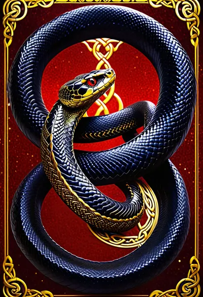 Tarot Card Style, black snake, redzig zag skin, coiled around lonsword, bright yellow eyes, red backround, sparkle, GOLD celtic knot border, masterpiece, official art, <lora:DUSK_XL_TAROTCARD_dadapt_cos_5e4:.8>