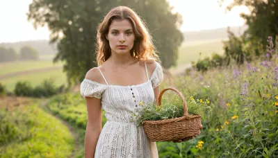 Beautiful young Slavic peasant woman in her early 20s walking toward the viewer along a narrow dirt path, medium full shot, sharp focus on her face and upper body, simple elegant cream linen dress with modest square neckline slightly damp from morning dew, long wavy chestnut hair with wildflowers and herbs woven in, warm golden sunlight illuminating her face, peaceful serene expression, calm harmonious eyes looking softly at the viewer, dewdrops on her skin eyelashes and collarbone, carrying a small wicker basket with freshly gathered herbs close to her hip, misty hay fields and trees in soft bokeh background, golden hour dawn, volumetric god rays through leaves, light fog, idyllic pastoral atmosphere, cinematic lighting, painterly photorealistic, ultra detailed face skin texture and linen fabric, masterpiece, best quality, 8k, intricate details, shallow depth of field