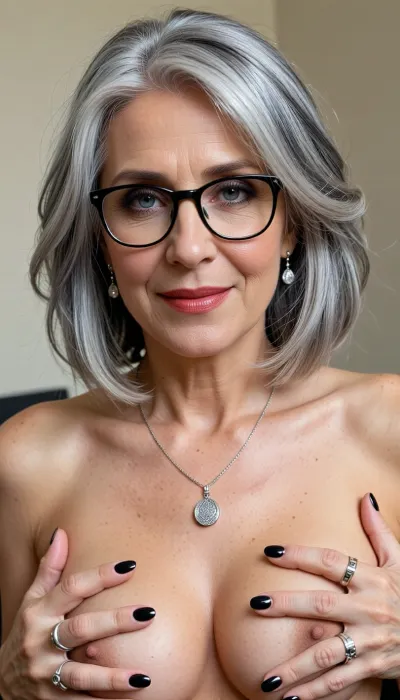 (Photorealistic portrait:65), 65 year old woman, beautiful 65-year-old woman. Paying particular attention to her hair.
Color, Silvery-white with subtle natural light-grey undertones, soft dimensional shading—brightest silver at the crown and face-framing strands, gently darker ash-grey at the roots and underlayers for depth.
Cut & Shape, Short, textured, layered bob—approximate length, jaw-length to just above shoulders. Fullness and volume concentrated at the crown and top, layers are soft and feathered, not blunt.
Front & Bangs, Soft, wispy, curtain-style bangs that blend seamlessly into side layers—parted slightly off-center, sweeping gently toward the temples, never heavy or straight-cut.
Texture & Flow, Wavy, tousled, naturally soft movement—strands appear light and airy, with individual fine-to-medium thickness visible. Sides frame the face, tapering softly near the ears, back has gentle fullness without bulk.
Styling Finish, Polished yet relaxed—no harsh shine, soft natural volume, strands fall loosely to frame forehead and cheekbones, some fine face-framing pieces lift lightly for a lived-in, elegant softness. She wears black round glasses with silver accents, soft grey eyeshadow, red lipstick. Silver drop earrings, silver pendant necklace, multiple silver rings. Named Joanna, she has bright, clear grey-blue eyes that stand out vividly, accentuated with dark eyeliner, large pupils, (natural beauty:1.2), english roots, perfect slutty makeup, manicure, glossy black fingernails, She has expression lines and fine wrinkles under her eyes. Her body is gently wrinkled, with a generous, sagging bust with prominent nipples and soft buttocks. Warm friendly smile, soft indoor lighting, plain light wall background, natural lifelike details.