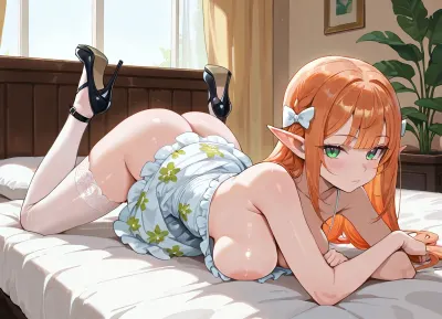 1girl, full vbody view, hot young elf, (petite:1.4), ginger hair, green eyes, ((big round boobs:1.3)), in cozy sunlit living room, white cream floral print sundress with thin spaghetti straps, ruffled neckline and a small bow at the chest, black stiletto heels with thin ankle straps, white stockings, (jack_o_pose:1.2)