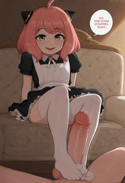 (Afrobull:1.6), (anya forger, (young:1.5), (petite), cute, white stockings), footjob, massive cock