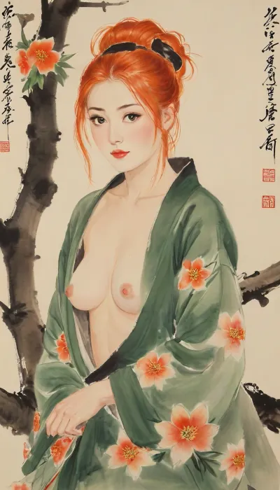 Edo-period, Shunga style image, Gwen Tennyson, (bright orange hair), portrayed with the artistic essence of Qi Baishi's renowned brushwork, wearing a kimono, ((her kimono is open slightly exposing one breast)), Using minimal strokes, Qi Baishi's signature style brings out Gwen's character, emphasizing its curiosity and independence. Gwen might be depicted in a simple yet evocative setting, surrounded by delicate depictions of flora or objects that offer a glimpse into its world.The overall scene carries a sense of whimsy and an appreciation for the beauty in everyday life, gwen, tennyson, (/Ben10), /, (ultra, HD, quality, details), bright, orange, hair, short, (green, eyes), style, of, Qi, Baishi, baishi, <lora:tbh170-sdxl:2>, <lora:baishi_xl_0_-000004:2>