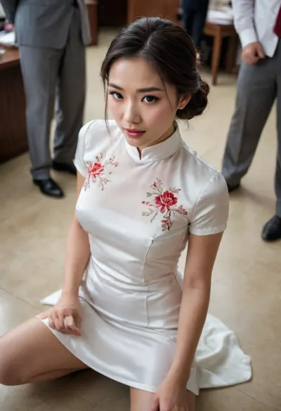 A beautiful, slender young woman—wearing a short-sleeved, off-white satin qipao featuring an embroidered print—kneels on the floor, looking up at several tall young men in suits who wear serious expressions. Captured from a high-angle perspective, she tilts her head back, her makeup is smudged by moisture, and her mouth is slightly parted, revealing perfect teeth as she wears an expression of excitement and intense emotion. Her skin is glistening with sweat and flushed—with a rosy tint on her chest—and she holds a submissive posture, her hands are perfectly formed and appear slightly tense, and she wears a collar while looking delighted. The scene is set in a detailed office environment where she is masturbating. The young men are dressed in suits. Her eyes are tightly shut, and her face is covered in ejaculated semen, with visible strands stretching from the fluid, from the high-angle view, semen is seen gushing from her mouth like a fountain.