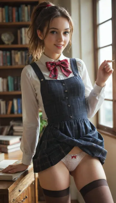 masterpiece, 8k-ultra, 19 years old swedish woman, skinny short body, dark-blonde hair with french plait high ponytail, wearing red and brown checkered mini pinafore dress, long sleeve chiffon shirt, long bow tie, brown stockings, laughing happily, exposing panties, in study with large windows, lots of books on the wall bookshelves, skirt, lift, lens, flare, pixel, art, piratical, beauty, <lora:skirtLift:.8>, <lora:beautiful_pirates_merge:.8>