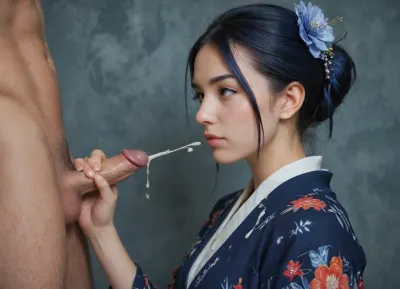 (Futaba Sakura from Persona), erotic Scene, (dynamic angle from side), (extremely detailed Background, extremely detailed face, extremely detailed kimono, high quality image), (A traditional indigo-dyed kimono with hand-painted cobalt blue iris and bellflower motifs), ((1man, 1woman)), (closed mouth), (looking at viewer), ((woman in front of man)), ((side view)), ((handjob, 1man with, (small cock:1.6))), (ejaculation, cum on clothing:1.6), white cum, thick cum