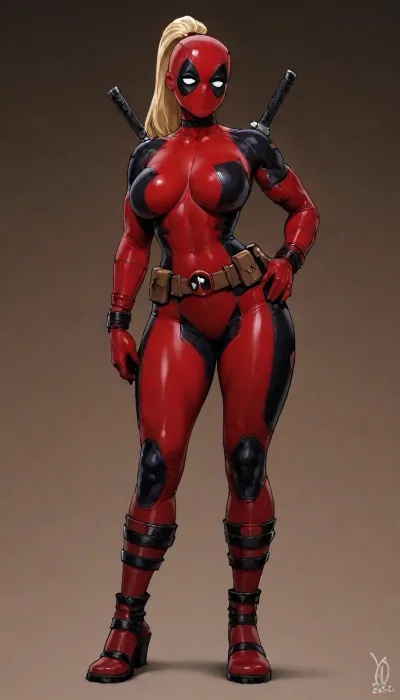 (Genderbent Deadpool:1.6), busty female body, large breasts, hourglass figure, blonde hair in high ponytail, tight shiny red and black latex full body suit with white accents, deadpool mask with white eyes, utility belt, pouches, high-heeled boots, athletic build
