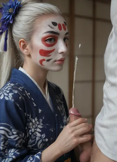 (Futaba Sakura from Persona), erotic Scene, (dynamic angle from side), (extremely detailed Background, extremely detailed face, extremely detailed kimono, high quality image), (Geisha girl with white face painted oshiroi style:1.8), (A traditional indigo-dyed kimono with hand-painted cobalt blue iris and bellflower motifs), (traditional Japanese garden and koi pond in background), ((1man, 1woman)), (closed mouth), (looking at viewer), ((woman in front of man)), ((side view)), ((handjob, 1man with, (small cock:1.6))), (ejaculation, cum on clothing:1.6), white cum, thick cum