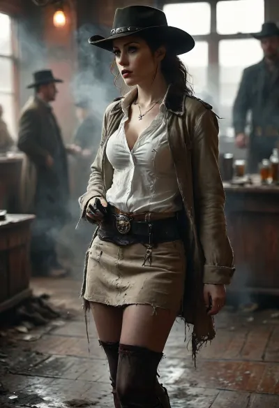 Monochrome, Wild West 1790, backside view of a super sexy athletic and flat-chested gunslinger stands drunk in a saloon, lifts up her dark red miniskirt, she wears, (a long beige dirty used coat:1.3), underneath a white cotton rough men's shirt with buttons, (a dark red miniskirt:1.4), (black fishnet stockings:1.4), cowboy boots, (a cartridge belt with a pistol holder around her waist:1.4), her dusty black hat is pulled low over her face, perfect face, perfect hands, dangerous aura, leaning tipsy against the polished wooden bar of a smoky frontier saloon, (whiskey glass in one hand:1.3), warm golden lamplight, card tables and piano in the background, cowboys and gamblers glancing her way. Sawdust on the floor, haze of cigar smoke in the air, filled with dust and smoke, emphasizing a cinematic, dystopian cowboy atmosphere, art Style & Technique is a dirty old style, Ultra-realistic digital painting with cinematic depth of field. Highly detailed texturing on leather, skin, and hair, dramatic contrast lighting and warm dusty tones, a sharp foreground focus and a slightly blurred background to create depth, masterpiece, best quality, ultra-detailed, cinematic lighting, wild west, smoking weed, cannabis, Ultra-realistic Western art, highly detailed, cinematic moody lighting, tense but charismatic atmosphere., crowd, of, people, FRESHIDEAS, Real, Photography, 2#, Black, and, white, art, black, shading, charcoal, toned, brutal, dark, b/w, color, scheme, Object, gd, erection, sex, toy, penis, large, <lora:FRESHIDEAS Real Photography 2#:.8>, <lora:crowd_notrigger:.8>, <lora:MJ52:.8>, <lora:Black and white art.V1:1.9>, <lora:Penis_XL:1.3>