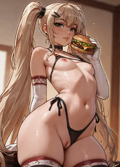 (((Style, vector art, 2d cel shaded, thick outline, jack cayless, personalami))), 1girl, petite, solo, very long pigtails, small perky breasts, elbow gloves, choker, thighsocks, hairclip, legs spread, piercings, side-tie thong aside, chubby, soft bodied girl, showing pussy, eating a burger, arched back, ass stuck out, <lora:outline_xl_kohaku_delta_spv5x:1.9>