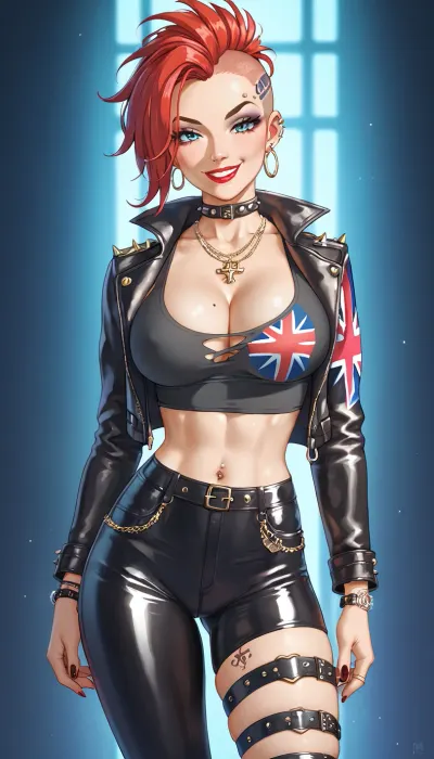 Punk woman, 22 year old young woman, standing in a busy nightclub, leather pants, leather jacket, ripped Union Jack shirt, red Mohawk, lipstick, slim waist, large tits, cleavage, large tattoo on leg and arm, Looking at viewer, sly smile, very voluptuous woman, discreet panty flash, <lora:cartoon_stickers_xl_v1:.8>, <lora:hentai_anime_style_xl_v1:.8>