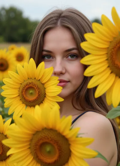 A macro portrait of a beautiful young woman in a field of sunflowers. She gently presses a large sunflower against her cheek, whilst the soft afternoon sunlight casts dappled shadows across her face. Freckles on her skin, a sheen on her lips, and individual strands of hair swaying in the gentle breeze. Hyper-realistic details, a creamy background with a bokeh effect, professional photography, (natural lighting), .