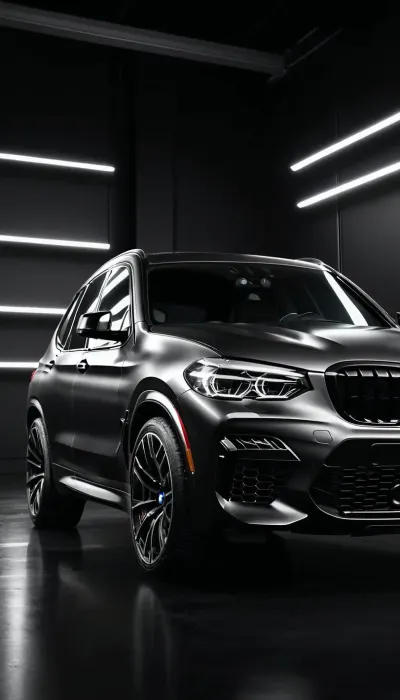 Cinematic black and white studio photography of a BMW X3 M Competition, matte black finish