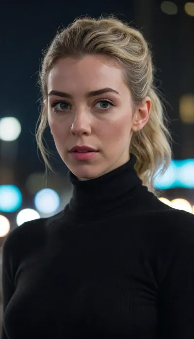 NSFW, "Portrait of Hattie Shaw, (Vanessa Kirby), in Fast & Furious Presents, Hobbs & Shaw, looking fierce, blonde hair tied back, wearing a black turtleneck sweater, neon lighting from a city background, sharp focus, 35mm photography, cinematic composition, intense eyes, 4k