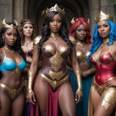 (artisan temptress group cosplay), (dark skin milfs), high fantasy