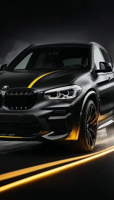 Cinematic black and white studio photography of a BMW X3 M Competition, matte black finish, two thin horizontal yellow accent stripes on the front splitter, abstract light streaks flowing around the vehicle, suggesting motion and air displacement, smoked windows, misteriuos astonishing female driver inside the car