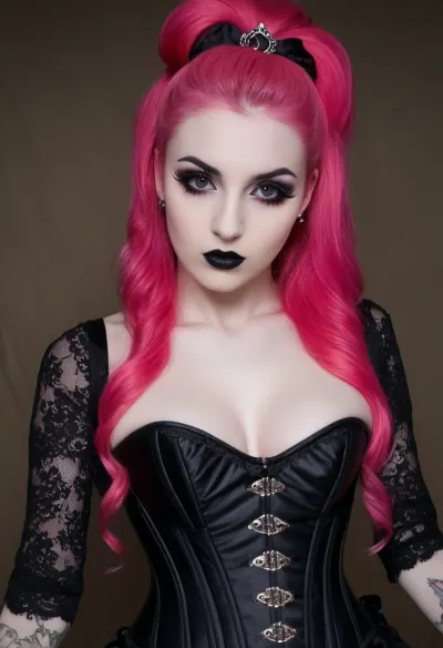 ziprealism, (24yo), (focus on eyes:1.5), (slender, skinny, petite, slim waist, soft breasts, goth esthetic, heavy goth makeup, corset top, lacey goth attire:2), (mesmerizing eyes, pale skin, limbal ring:1.6), (bright pink hair, long hair, elaborate updo hairstyle, voluminous hair, dark eyebrows:1.8), (oversized expressive eyes, innocent doe eyes, delicate face, angular jaw:1.2), (shallow depth of field, soft bokeh, layered composition, analog lens), Stable-Yogis-Makeup-Enhancer-XL, (detailed eyes, perfect eyes, natural skin texture, photorealistic skin texture), <lora:Instagram_Selfie_SDXL:.8>