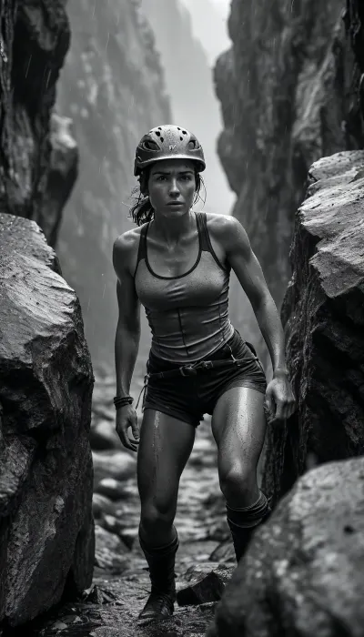 (monochrome:1.6), A highly detailed, full-body, photorealistic depiction of a 25-year-old female climber, caught in a challenging situation in the high alpine environment, she is balancing in a crevice, her body in a split-like position, every muscle tensed and defined, the rain-soaked environment clings to her form, she wears a helmet for safety, and her athletic clothing, a tight-fitting top and shorts, is completely drenched, emphasizing her strength and determination, the scene is in monochrome, highlighting the dramatic contrast of light and shadow, the rain pours heavily, making the rocky terrain slippery and treacherous, in the background, the vast alpine landscape stretches out, with towering peaks and deep valleys, capturing the intensity of her climb and the formidable environment, <lora:pouring_rain_XL:1.7>, <lora:MJ52:1.8>, <lora:add-detail-xl:1.9>