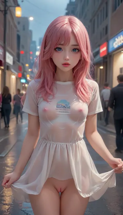 (Asian girl), 4K, photo realistic, intricately detailed face, realistic face, photorealistic, detailed eyes, dark eyebrow, (young adult:1.8), (long hair, pink hair), cute face, beautiful photorealistic face, cute, easynegative, hyper massive nipples, ((makeup:1.5), long blue eyelashes with eyeliner:1.2), (big lips:1.3), (small breast:1.5), (pink pussy:1.3), (eyes captivating, highly detailed eyes with vibrant irises, sharp reflections, and realistic eyelashes. The eyes should convey emotion and have a luminous, mesmerizing glow), (30C perky breasts:.5), (location busy city street), (wetshirt, standing in a downpour, big city, wearing dress), busy street people walking past, rain, vibrator under clothes, vibrator in pussy, hidden vigrator, large erect nipples, best lighting, 35mm camera, professional photoshoot quality, skirt, lift, <lora:Asian_Beauty XL:.8>, <lora:BUT_SDXL_SHS:.6>, <lora:MK_jiaoqi_xl_v1.1:2>, <lora:skirtlift_xl:.8>, godpussy, <lora:SDXL_GodPussy_v1:.8>