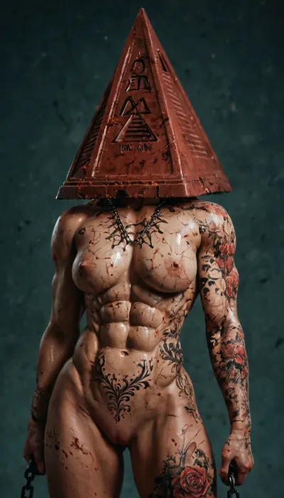(Body covered in tattoos:1.8), silent hill style, pyramid head, chainsaw, bloody, 1girl, muscular woman, chains, weapon, <lora:silent_hill_xl:1>