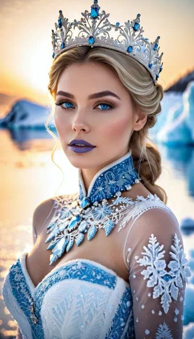 ((Masterpiece)), (super-detailed), (realistic), (high resolution), (high quality), (photorealism), . Beautiful, ice queen, (cold beauty:1.1), (exquisite white and blue dress), (elegant crown decorated with precious stones), (sparkling blue eyes), (blue lips:1.2), . Against the backdrop of, (icy landscape), (icebergs), (cold sea), (soft winter lighting), (waist-up view), (soft focus), (bokeh), .
