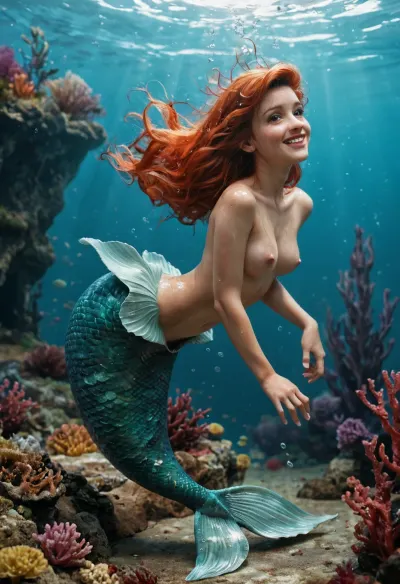 disney, redhead Princess ariel, the little mermaid, mermaid body, topless, messy hair, looks happy, wet body, wet hair, detailed background, perfect detailed body, detailed skin texture, cute face, realistic phase, full body view, under the sea, swimming underwater, FRESHIDEAS, Underwater, Palace, mermaid, side view, <lora:FRESHIDEAS Underwater Palace:.8>, <lora:mermaid_xl_v1:.8>