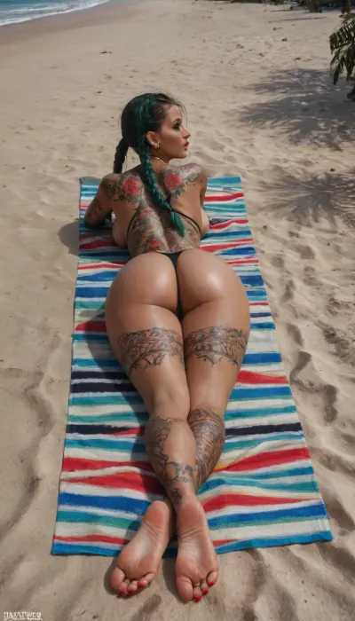 ((Insanely hot short petite Mexican woman, at the beach, laying on stomach on beach towel)), 30 yo, (short tight braided pigtails), she has a excited expression, slender, (medium breasts), (pin-up make-up), toe rings, perfect eyes, very beautiful, perfect face, nude, (very dark brown skin), (black and green hair), (((she is submissive))), (((rear view, whole body in view))), (((four digits:1.38)), ((four toes:1.88)), (massive toes:1.32), (very long toes:1.38), (long feet:1.24), ((red nails)), (massive nails), (sharp nails:1.25)), (red lipstick), (big butt:1.14), skin imperfections, (UHD, 8k detail, sharp focus, hyper realistic, high resolution, (masterpiece:1.2), ((high definition))), (((heavily tattooed:1.95), tattooed arms, tattooed legs, tattooed feet, tattooed stomach, tattooed breasts, tattooed chest, tattooed sternum, tattooed thighs)), (piercings:1.85), (nipple rings:1.28), ((brown nipples)), dark, ((black micro g-string thongs:1.45)), beach towel, palm trees, <lora:Darker_skin_SDXL:1.8>, <lora:woman_laying_on_stomach_xl_lora_reg-000027:1.5>