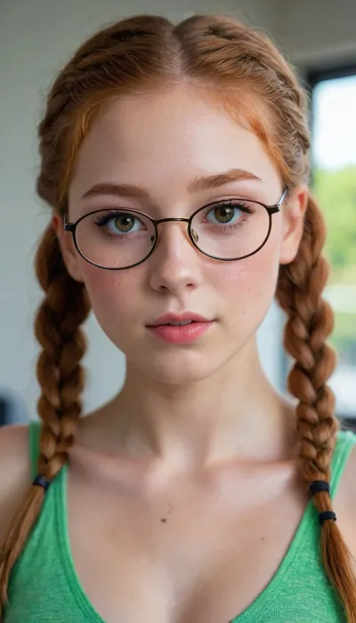 high detailed texture, photograph, realistic, ((Japanese girl)), surrounded by neon colors, colorful fabric combining to form suit, Korean contact Brown eyes, curly ginger hair, round glasses, full makeup, blush, glossy red lips, ((body, side, front)), an 18-year-old slim petite girl with, (rich ginger braided pigtails, voluminous, natural shine:1.3), glowing soft skin with freckles across face and shoulders, bright green sparkling eyes, natural pouty lips, simple fresh makeup with blush and dark mascara, pale skin, white skin, beautiful eyes, brown eyes, eyelashes, eyeshadow, piercings, choker, necklace, gorgeous face, dynamic angle, closeup, inside, eyes rolling up, face, drooling, cute and natural smile, but with innocent energy, full face completely visible, setting, cozy feminine clean but warm atmosphere, lighting, soft daylight streaming through window, natural glow on freckles, gentle highlights across her